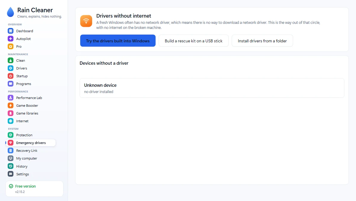 Emergency drivers — A copy of your network and Wi-Fi drivers, so you still have internet after reinstalling Windows.