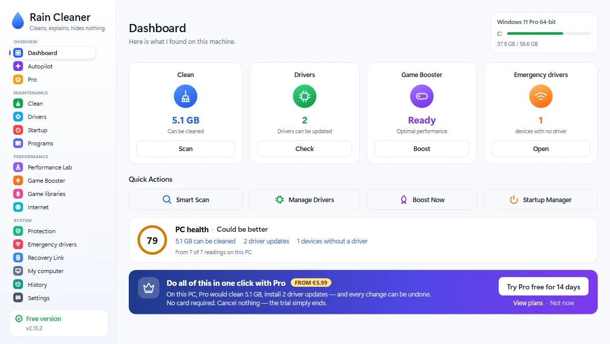 Dashboard — What was found: how much space can be freed, how many drivers are waiting, whether the machine is ready for a game.
